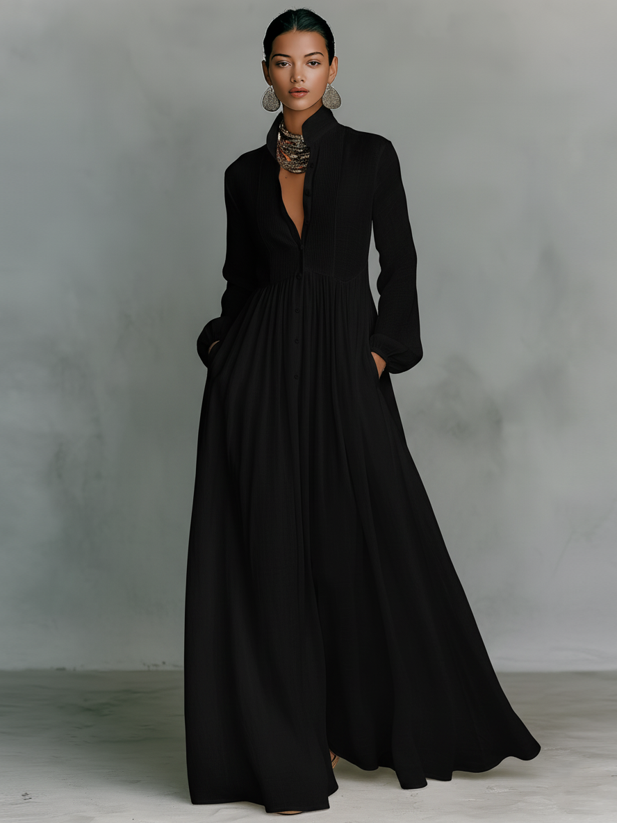 Patchwork Laneni Maxi Haljina s Ovratnikom