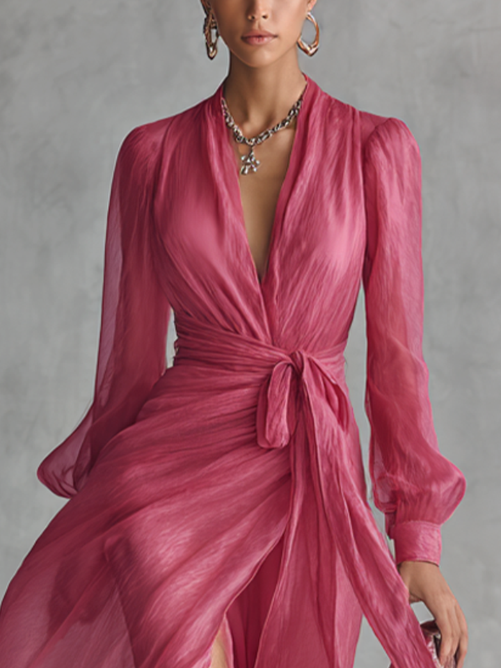 Roze Chiffon Haljina V-Izrez