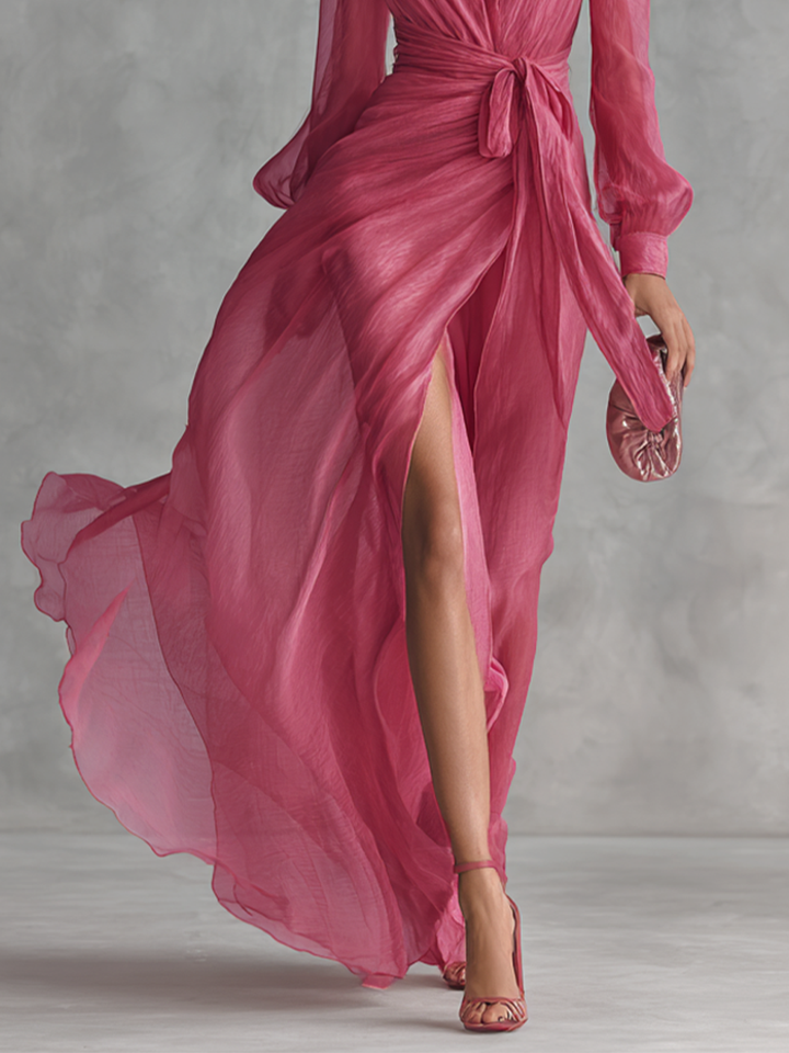 Roze Chiffon Haljina V-Izrez