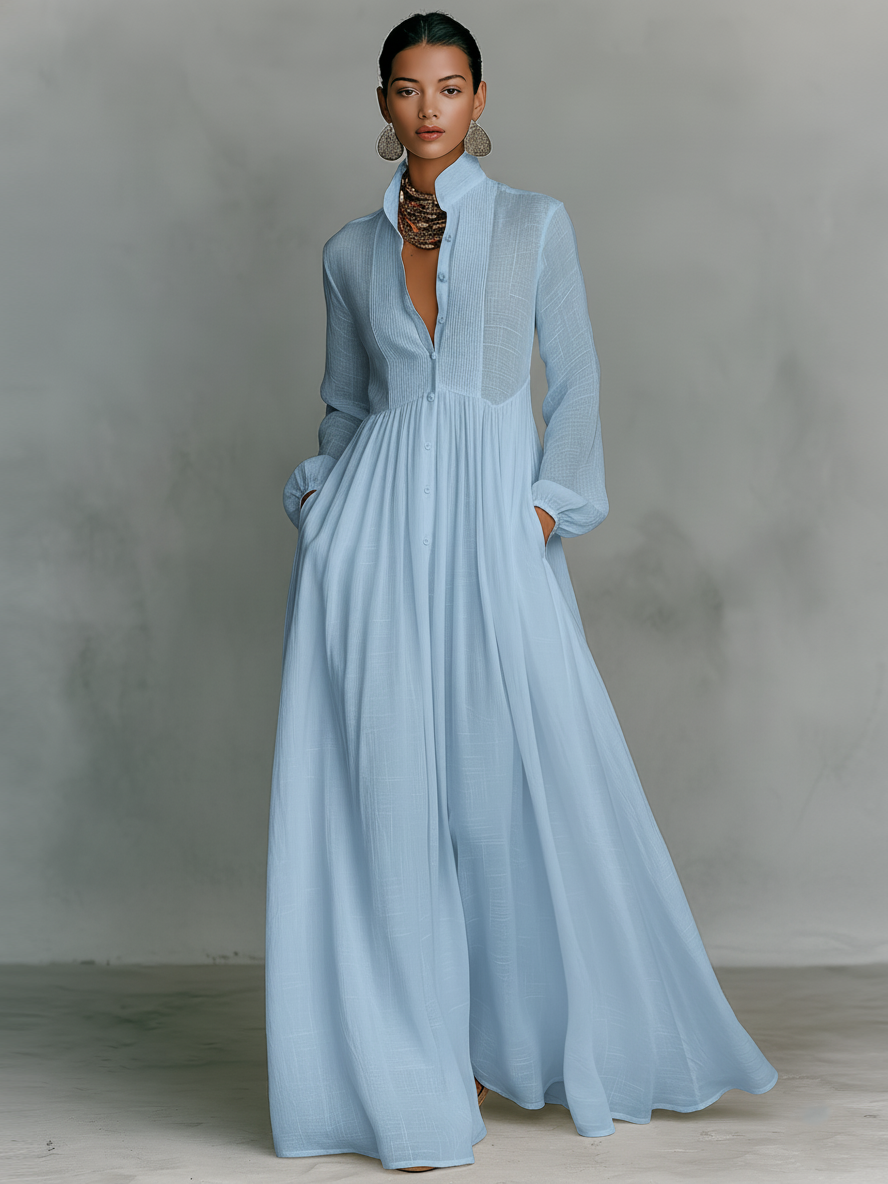 Patchwork Laneni Maxi Haljina s Ovratnikom