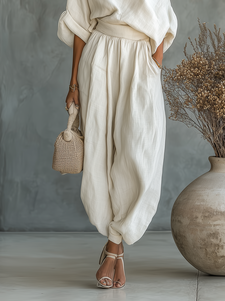 Set od lana s off-shoulder topom
