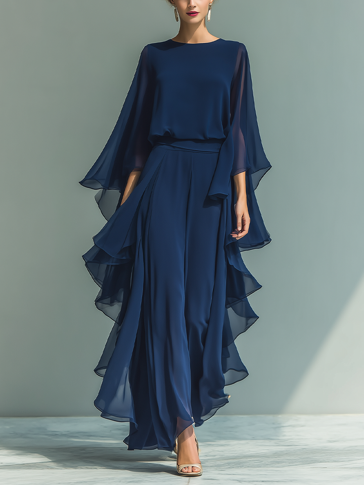 Mornarsko plavi Chiffon Set S volanima