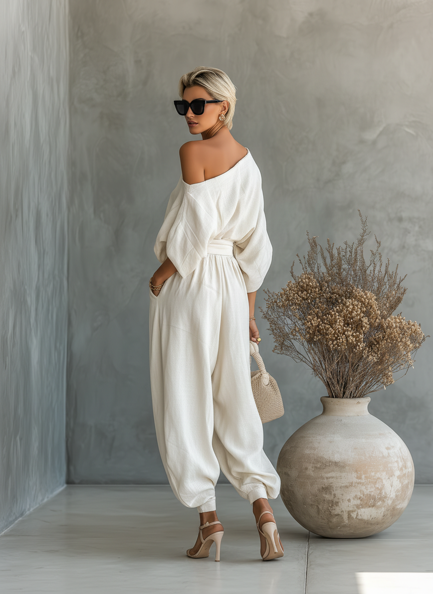 Set od lana s off-shoulder topom
