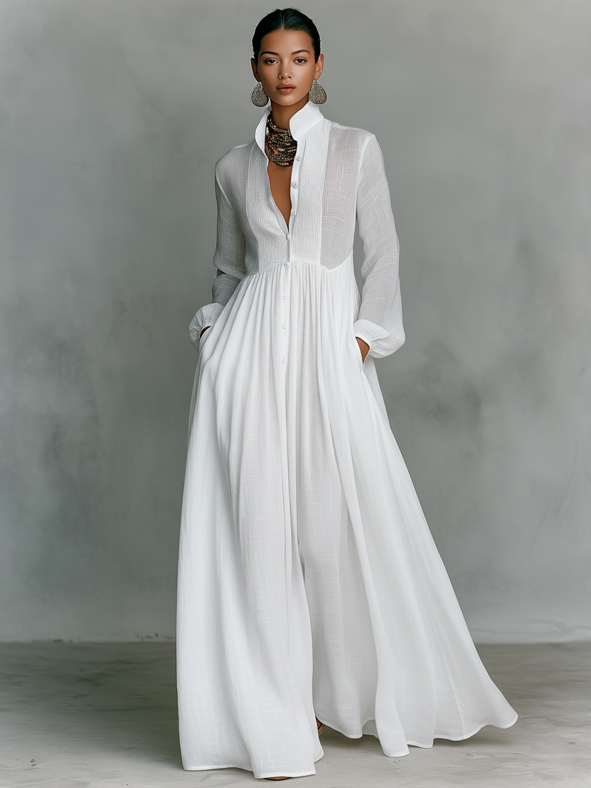Patchwork Laneni Maxi Haljina s Ovratnikom