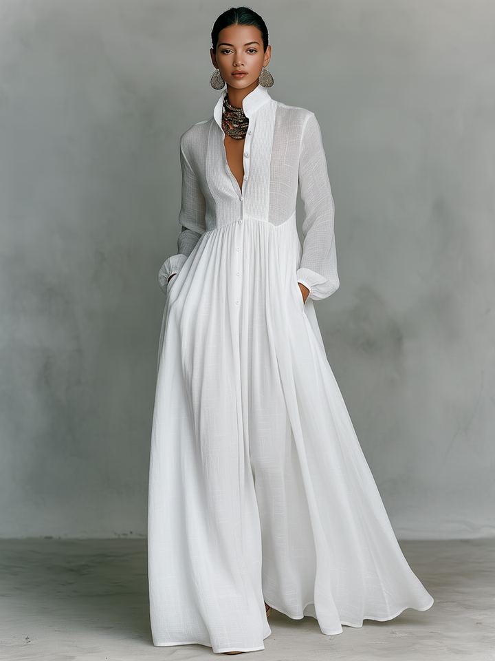 Patchwork Laneni Maxi Haljina s Ovratnikom