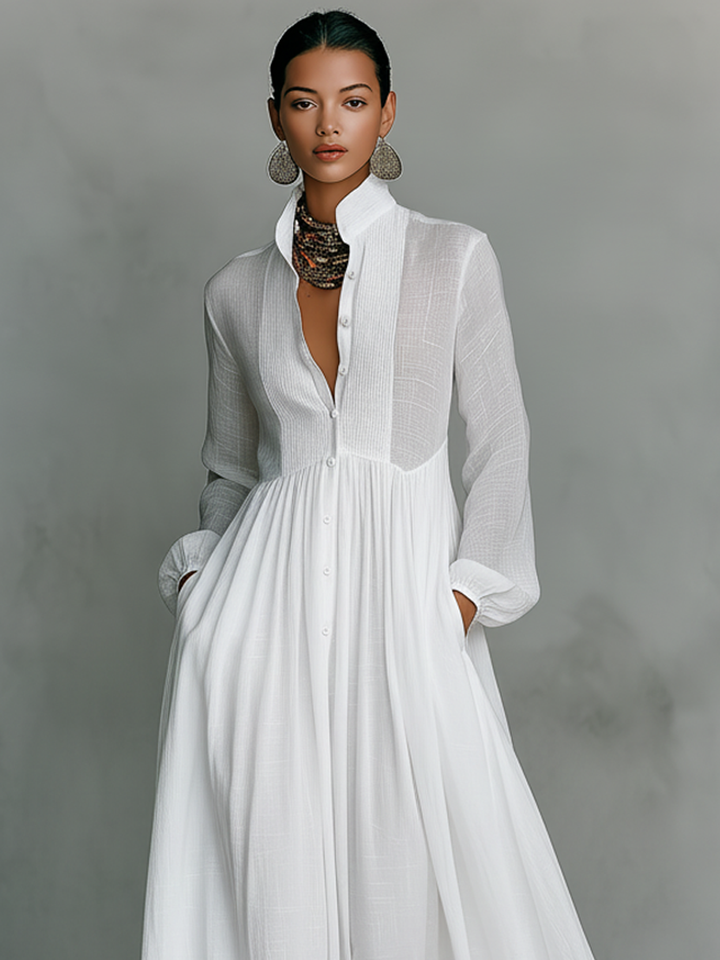 Patchwork Laneni Maxi Haljina s Ovratnikom