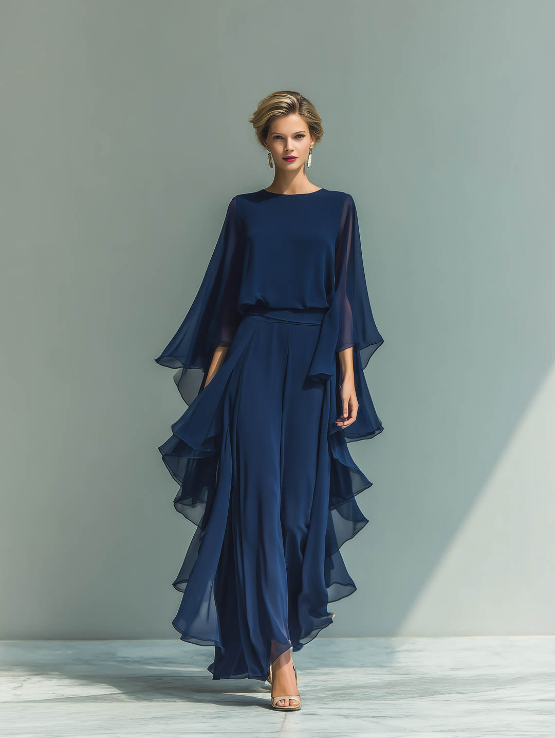 Mornarsko plavi Chiffon Set S volanima