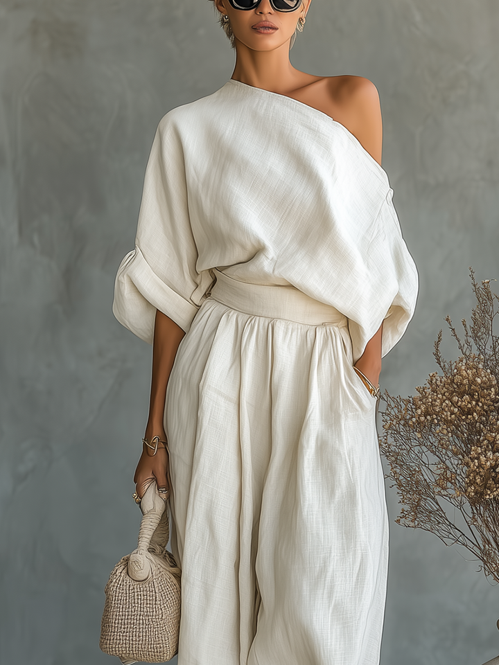 Set od lana s off-shoulder topom