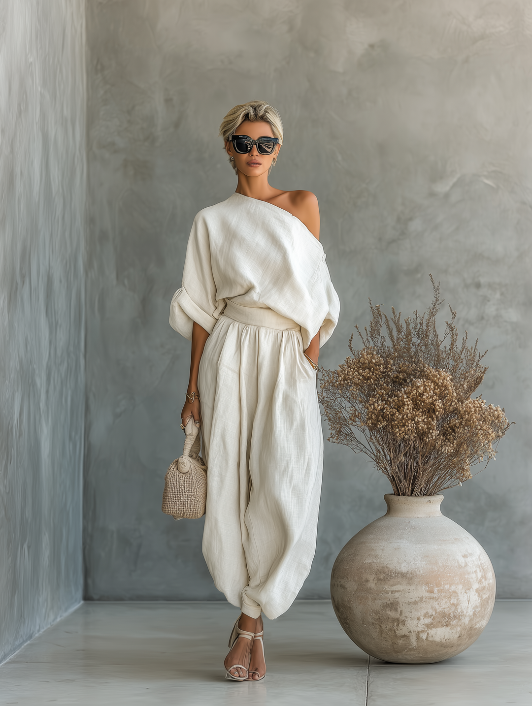 Set od lana s off-shoulder topom